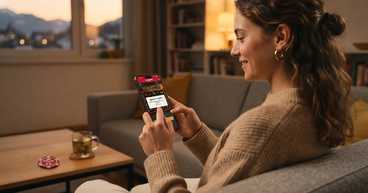 Ein Spieler am Smartphone oder Laptop mit einer Casino-Oberfläche, auf der eine Einzahlungsanzeige von 5 Euro eingeblendet ist