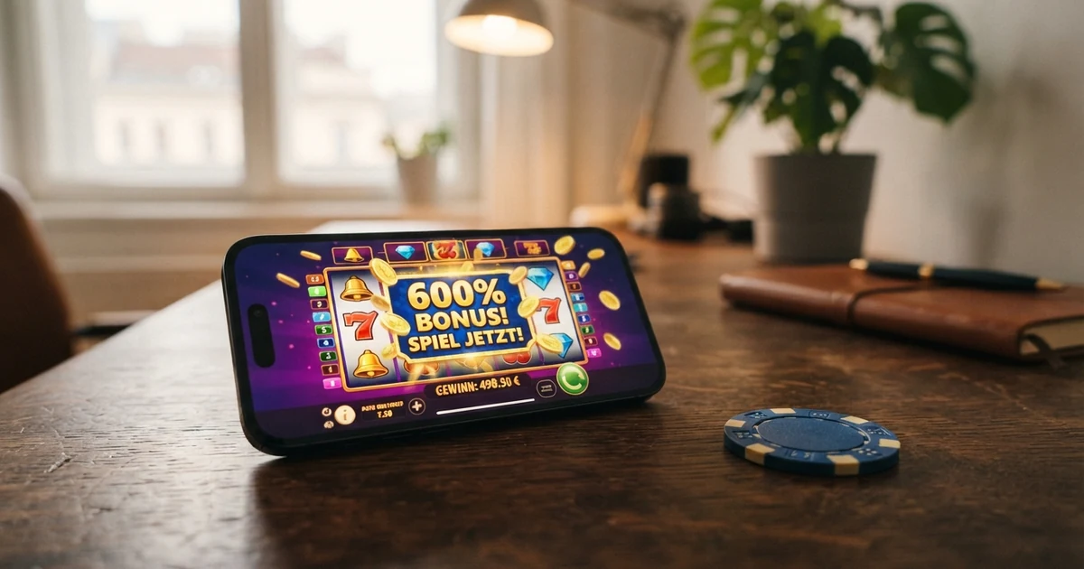 Ein Stapel Casino-Chips neben einem Smartphone mit geöffneter Bonus-Werbung — die Diskrepanz zwischen Werbeversprechen und Realität im Bild