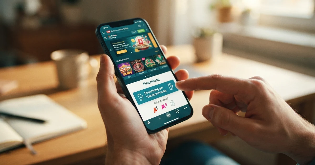 Ein Smartphone mit dem Display eines Online Casinos, auf dem das A1-Logo und die Schaltfläche „Einzahlung per Handyrechnung“ zu sehen sind