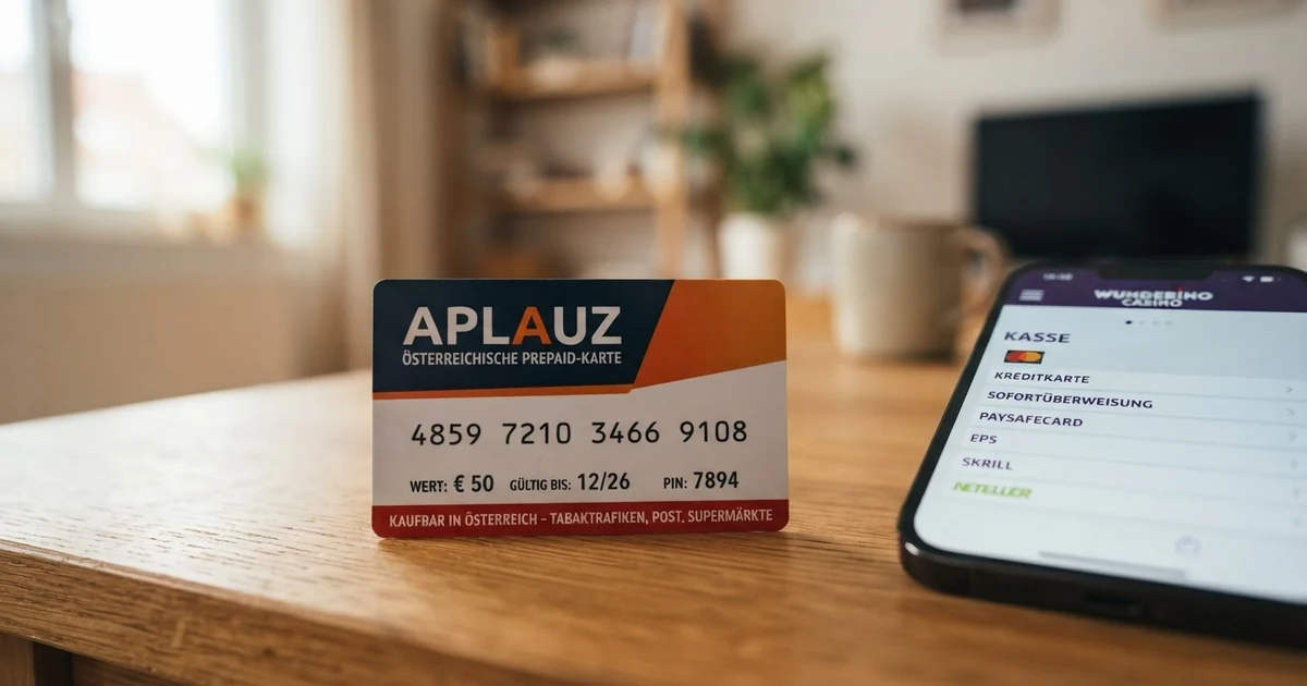 Ein Aplauz-Gutschein mit 16-stelligem Code vor dem Hintergrund einer Online-Casino-Kasse, in der Aplauz nicht als Zahlungsoption gelistet ist