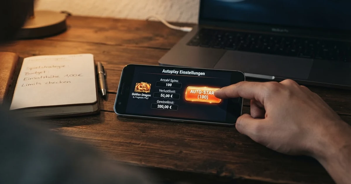Bildschirmfoto der Autoplay-Konfiguration eines Online-Spielautomaten: Schaltfläche für Spin-Anzahl, Eingabefeld für Verlustlimit und Gewinnlimit, Autoplay-Start-Button