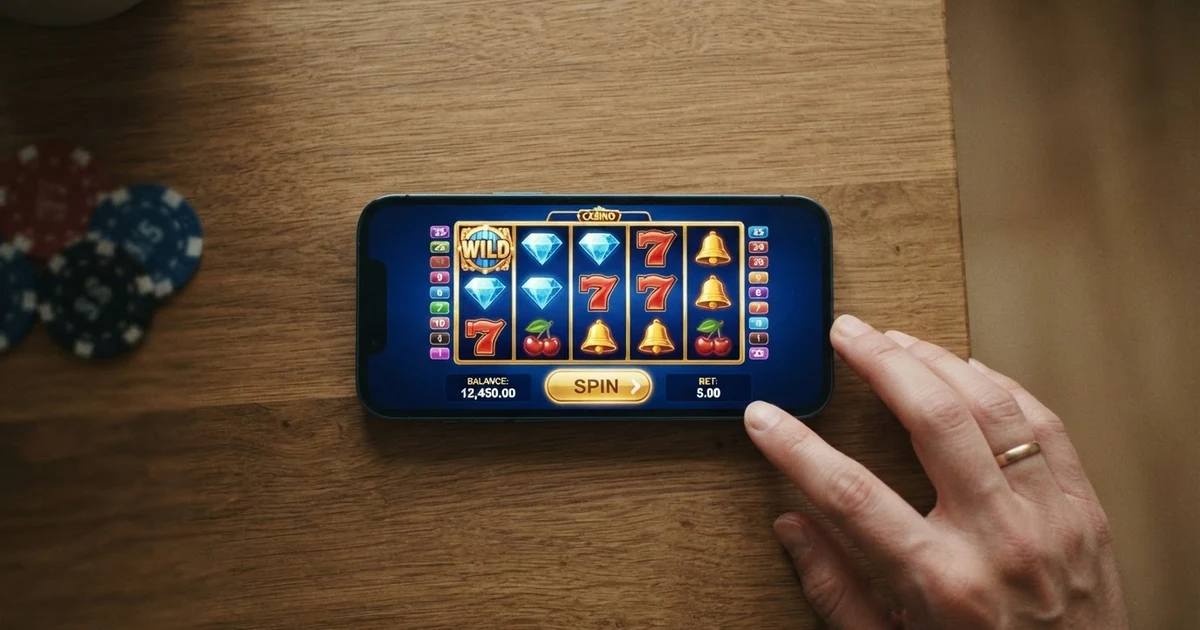 Ein Smartphone mit geöffneter Casino-App und dem Drei-Logo auf dem Bildschirm, daneben eine Mobilfunkrechnung mit markiertem Einzahlungsbetrag