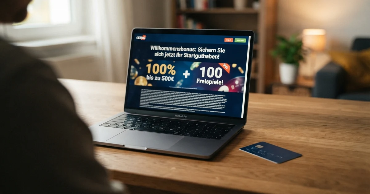 Ein Laptop-Bildschirm zeigt die Willkommensbonus-Seite eines Online-Casinos mit hervorgehobenem „Startguthaben“-Banner und den Umsatzbedingungen im Kleingedruckten daneben