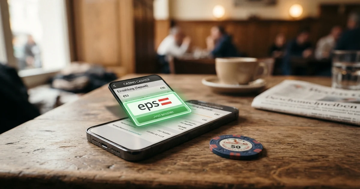 EPS-Logo auf einem Smartphone neben einer geöffneten Online-Casino-Kasse mit ausgewählter EPS-Option