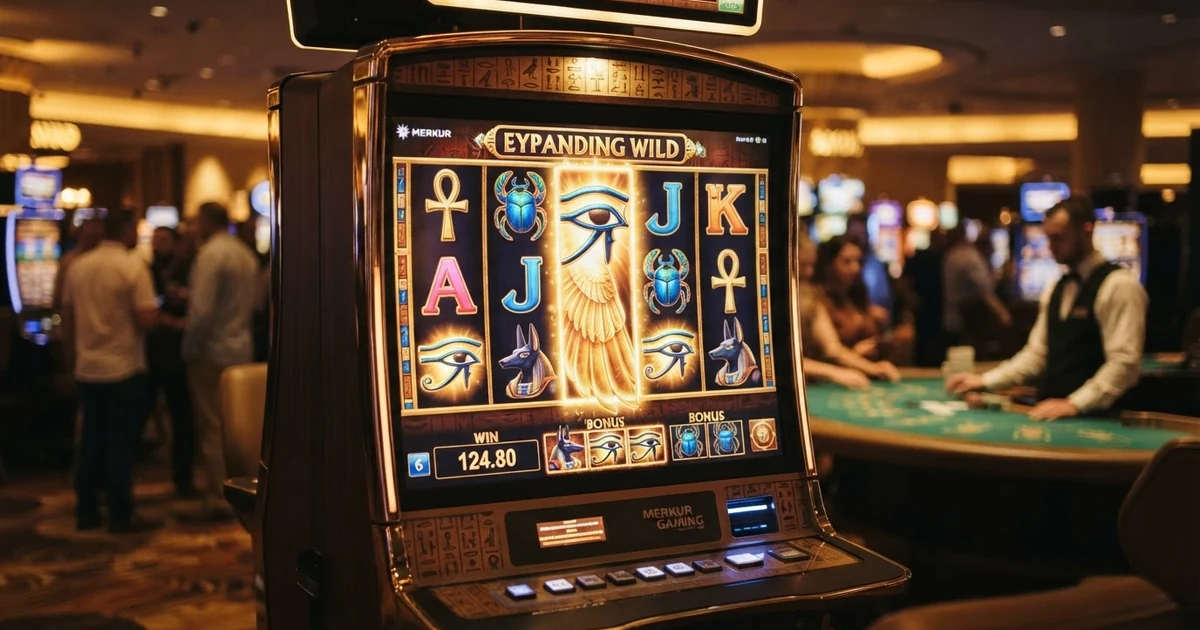 Eye of Horus-Spielautomat mit altägyptischen Symbolen, den fünf Walzen und dem Horus-Falken als zentralem Symbol
