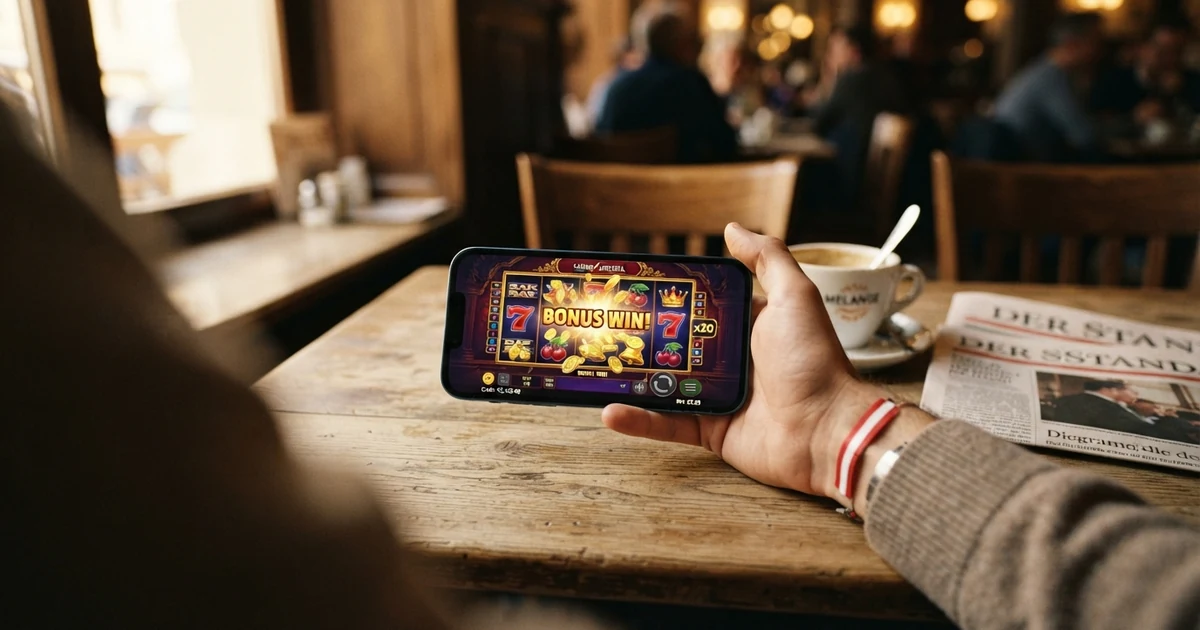 Eine Hand hält ein Smartphone mit einer geöffneten Casino-App, auf dem Bildschirm sind Spielautomaten-Walzen zu sehen