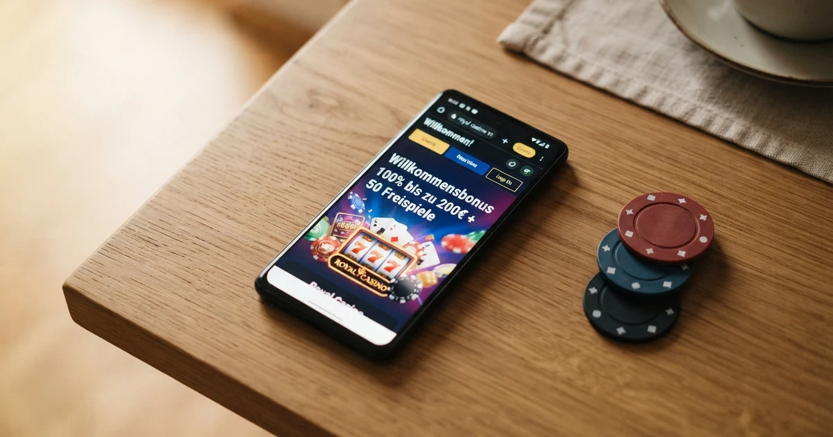 Ein Stapel Spielchips neben einem österreichischen Online-Casino-Bildschirm mit dem Schriftzug „Willkommensbonus“
