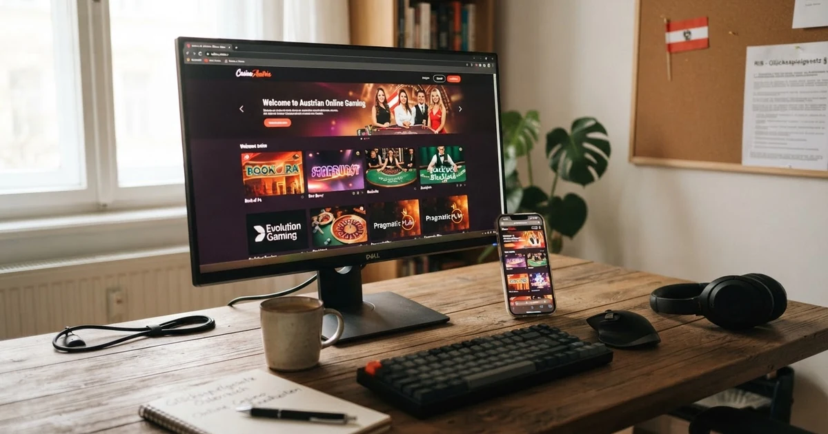 Ein Desktop-Bildschirm mit einer geöffneten Online-Casino-Startseite, daneben ein Smartphone mit dem gleichen Casino — im Hintergrund schemenhaft angedeutet eine österreichische Flagge und ein Paragrafenzeichen, die das Spannungsfeld zwischen Spielfreiheit und Regulierung visualisieren