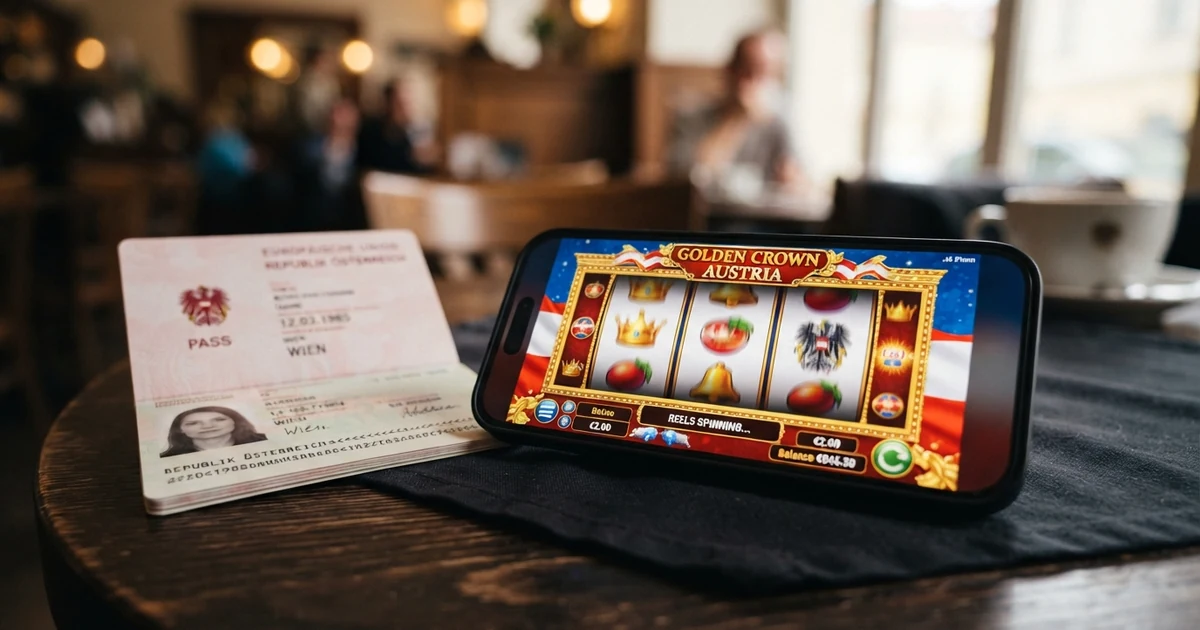 Ein Smartphone mit geöffnetem Slot-Spiel, daneben ein österreichischer Reisepass, vor einem Bildschirm ohne sichtbare Wartezeit-Anzeige