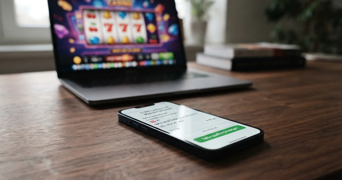 Eine SEPA-Lastschrift-Überweisung auf einem Smartphone-Bildschirm, im Hintergrund eine Casino-Oberfläche mit Einzahlungsdialog