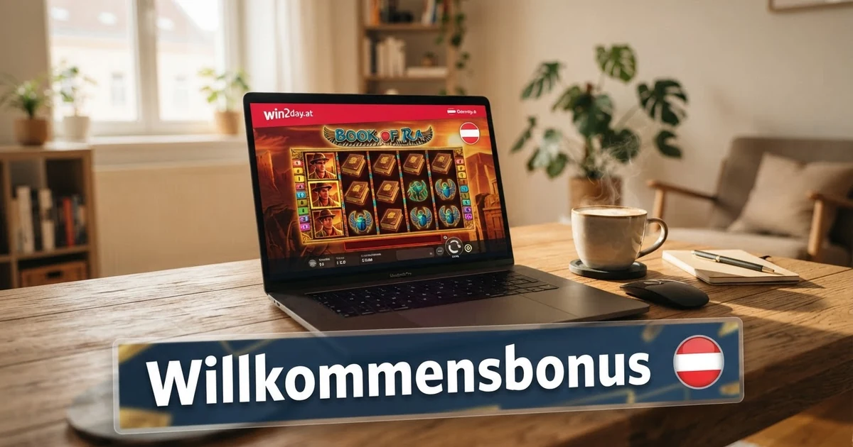 Ein geöffnetes Online-Casino auf einem Laptop-Bildschirm, im Vordergrund ein Willkommensbonus-Banner mit dem Text „Willkommensbonus“ in deutscher Sprache, daneben eine Kaffeetasse