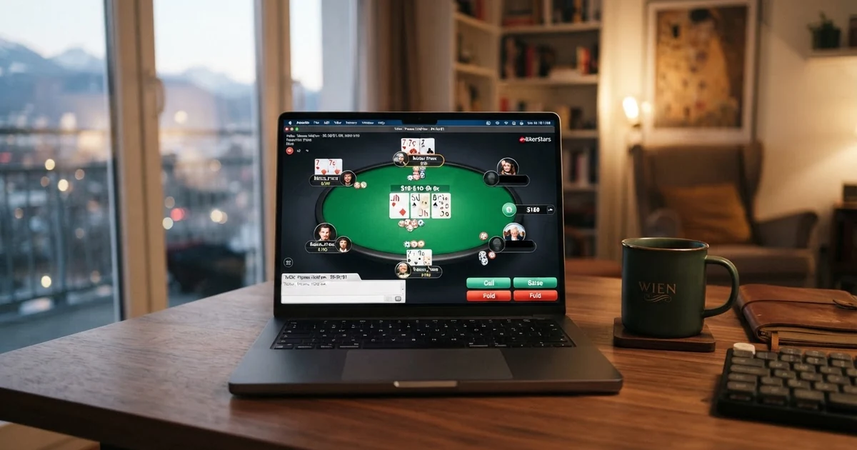 Online-Poker-Spielfläche auf einem Computerbildschirm mit digitalen Karten und Casino-Chips, im Hintergrund eine virtuelle Casino-Tischumgebung