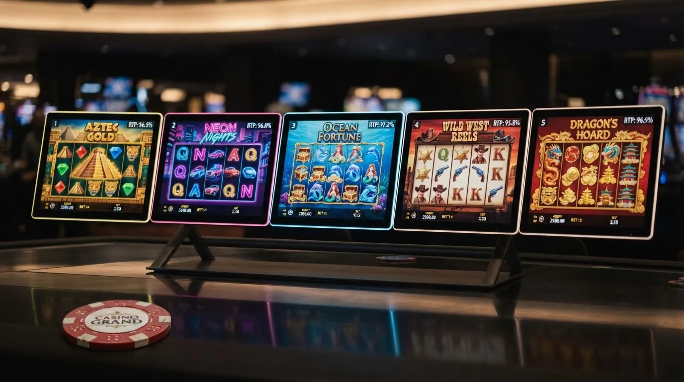 Fünf Spielautomaten-Screenshots in einer Reihe: Book of 99, Mega Joker, Blood Suckers, Starburst, Book of Ra — jeweils mit eingeblendetem RTP-Prozentsatz