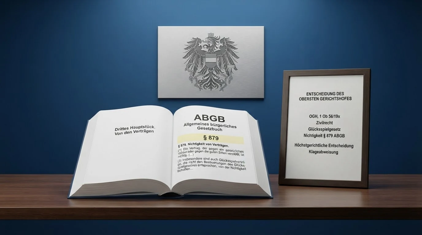 Ein aufgeschlagenes ABGB mit gelb markiertem § 879 neben einer gerahmten OGH-Entscheidung, dahinter das österreichische Bundeswappen.