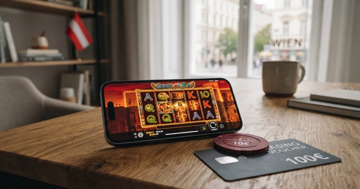 Eine Paysafecard neben einem Smartphone mit Casino-Oberfläche, im Hintergrund eine österreichische Flagge