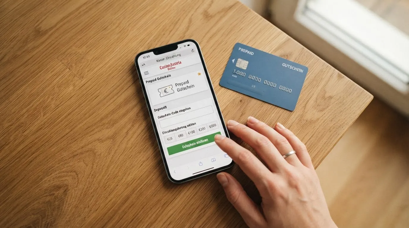 Ein Smartphone-Display mit dem Kassenbereich eines Online Casinos, der Bildschirm zeigt die Auswahl der Zahlungsmethode „Paysafecard“ und das Feld für den Einzahlungsbetrag, daneben liegt eine Paysafecard-Karte
