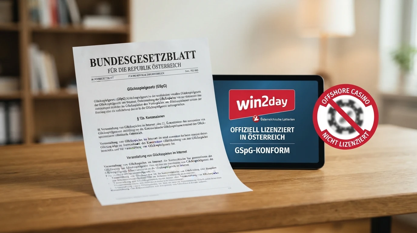 Gesetzestext-Seite des Glücksspielgesetzes mit Paragrafenzeichen, daneben das win2day-Logo und ein durchgestrichenes Offshore-Casino-Symbol