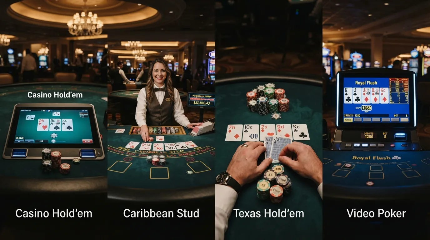 Vier Pokervarianten nebeneinander dargestellt — Casino Hold'em, Caribbean Stud, Texas Hold'em und Video Poker — mit eingeblendeten Prozentwerten für den jeweiligen Hausvorteil