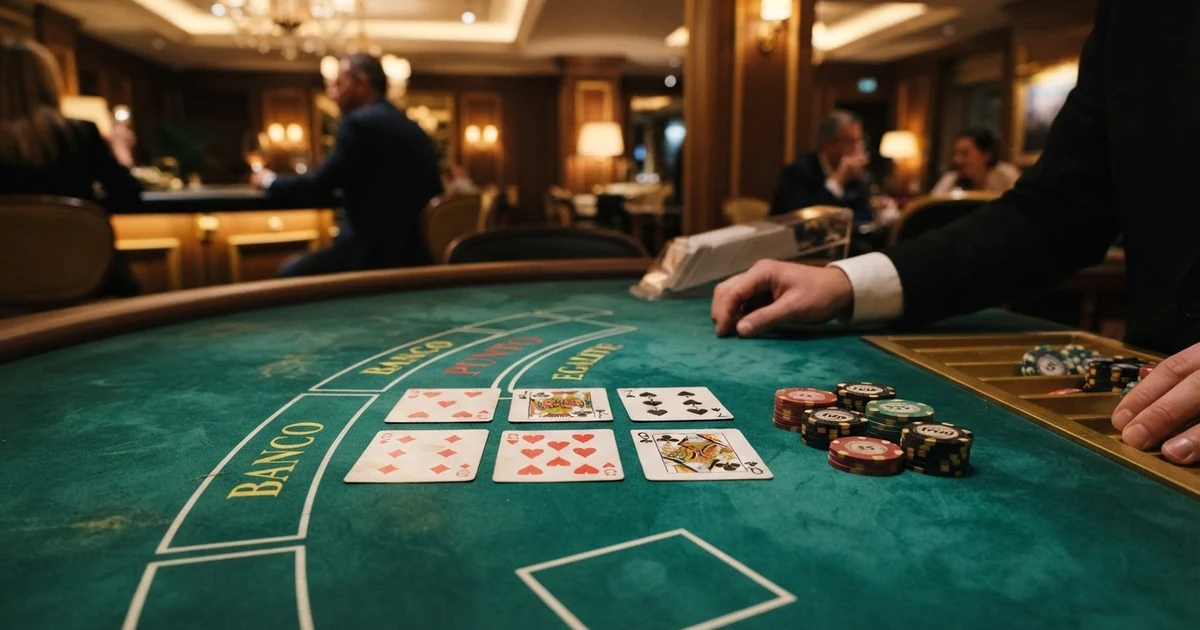 Nahaufnahme eines Punto Banco-Spieltisches mit Karten, Chips und dem typischen Banco-Punto-Layout