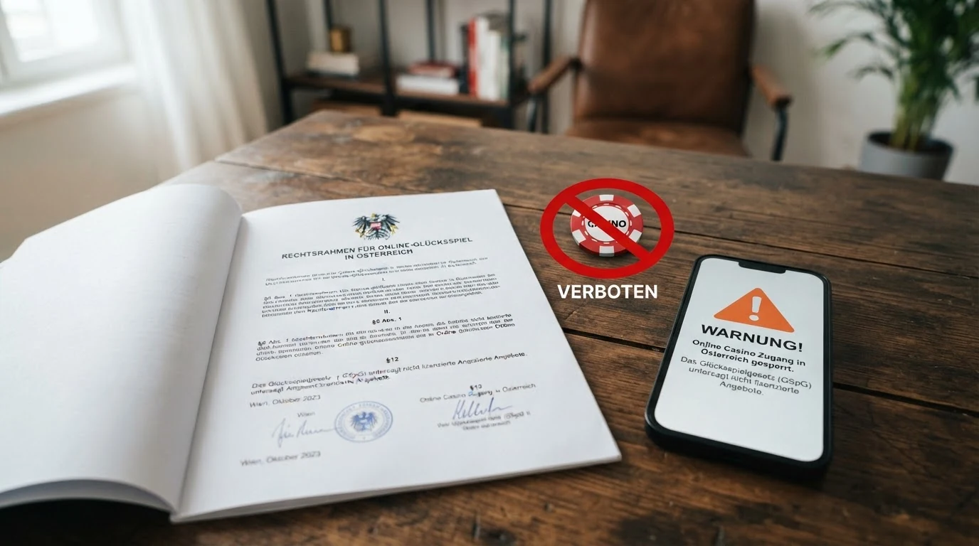 Ein amtlich wirkendes Dokument mit dem österreichischen Bundesadler, daneben ein rot durchgestrichenes Symbol für illegales Glücksspiel