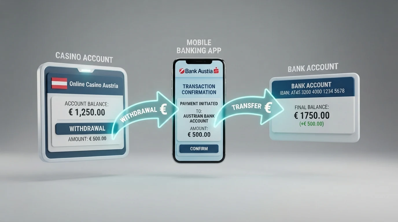 Schematische Darstellung des Zahlungswegs: Casino-Konto, Revolut-App und Bankkonto des Spielers mit Richtungspfeilen für Ein- und Auszahlung