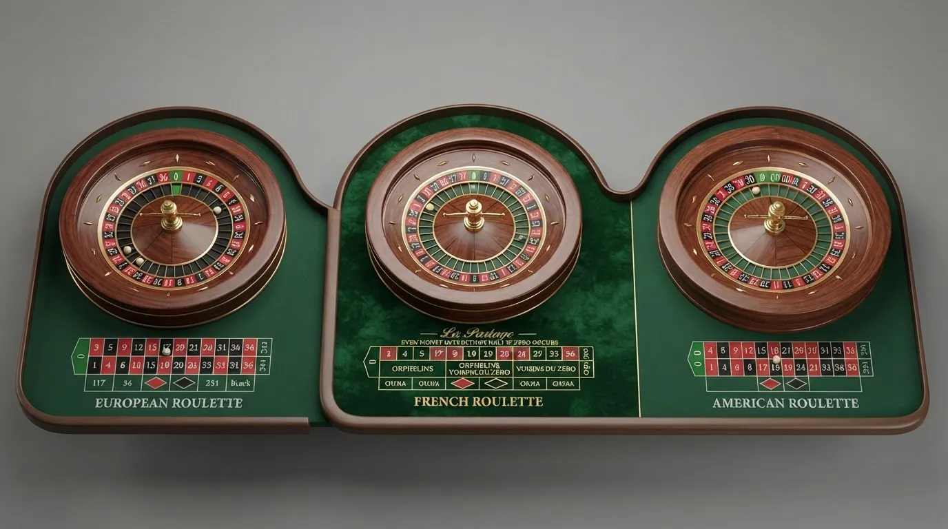 Drei Roulette-Kessel nebeneinander — europäisch (eine Null), französisch (eine Null mit La-Partage-Markierung) und amerikanisch (Null und Doppel-Null)