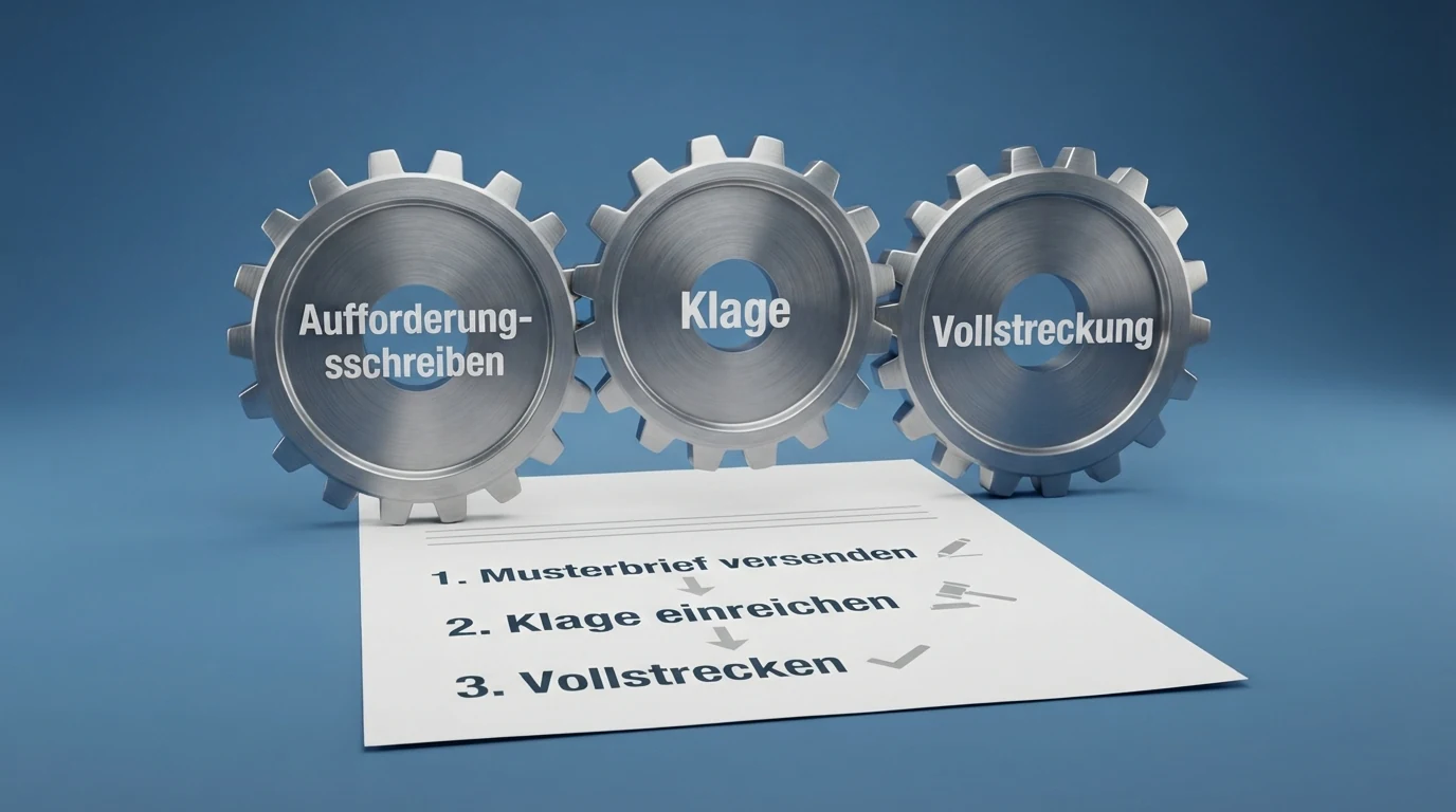Schematische Darstellung des Rückforderungsprozesses: Aufforderungsschreiben, Paragrafenzeichen, ein Gerichtssymbol und ein Häkchen bei „Rückerstattung“