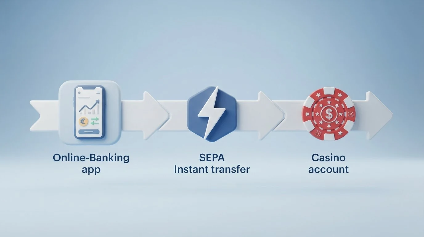 Ein schematischer Ablauf: Online-Banking → SEPA Instant → Casino-Konto in ≤10 Sekunden, mit einer Uhr die den Zeitstrahl visualisiert