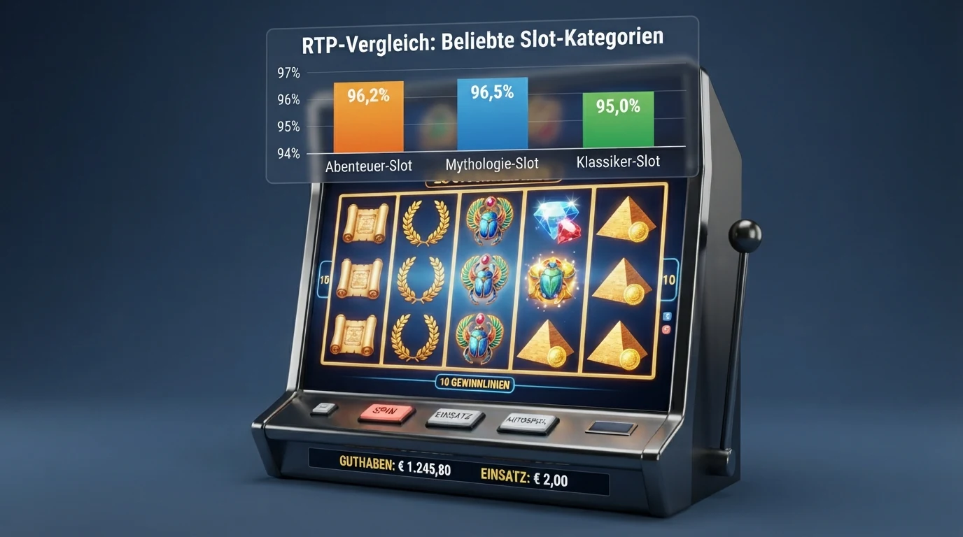 Bunte Spielautomat-Symbole (Pharao, Krone, Edelsteine) als Kachelübersicht mit eingeblendeten RTP-Prozentzahlen