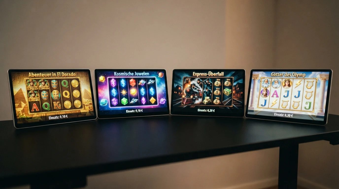 Vier Slot-Symbole (Book of Dead, Starburst, Money Train 3, Gates of Olympus) mit darunter angezeigten Einsatzhöhen von 0,10 € und 0,20 €