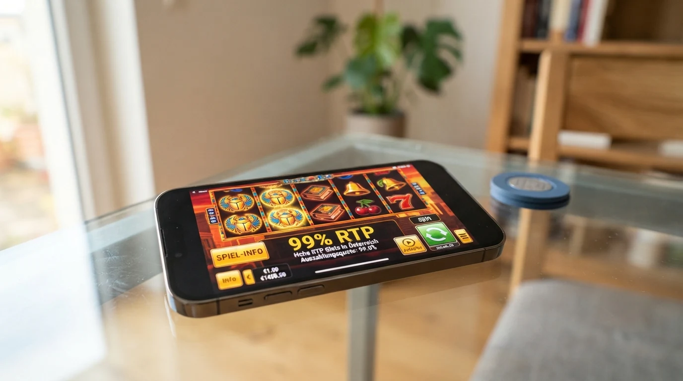 Nahaufnahme eines Slot-Spins auf einem Smartphone-Bildschirm; auf dem Display sind die Spielinformationen mit der RTP-Angabe von 99 % eingeblendet