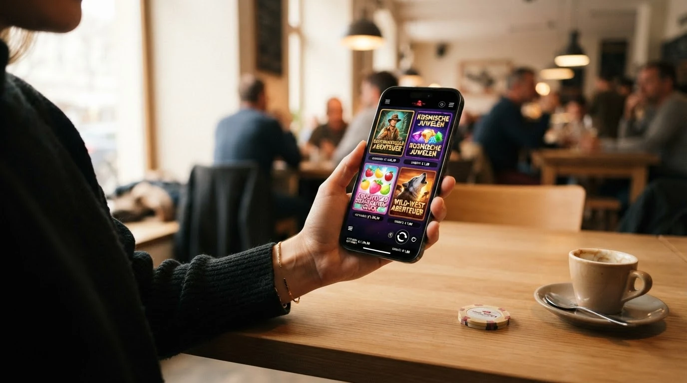 Vier beliebte Spielautomaten — Book of Dead, Starburst, Sweet Bonanza und Wolf Gold — auf einem Smartphone-Bildschirm, überlagert mit einer eingeblendeten 5-Euro-Banknote und einem Zähler der die möglichen Spielrunden anzeigt.