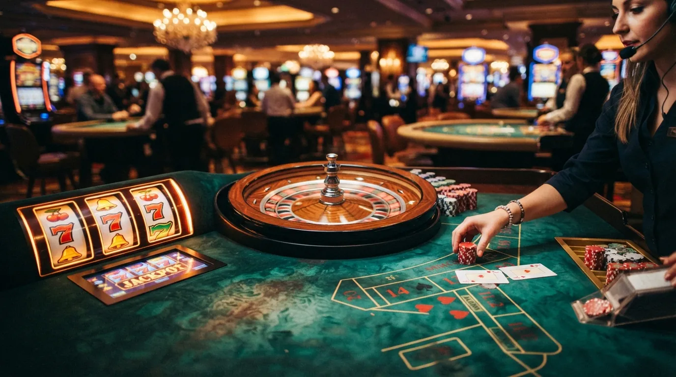 Bildschirm mit drei Spielkategorien: Slot-Walzen mit Book-of-Ra-Symbol, Roulette-Kessel, Live-Dealer am Tisch