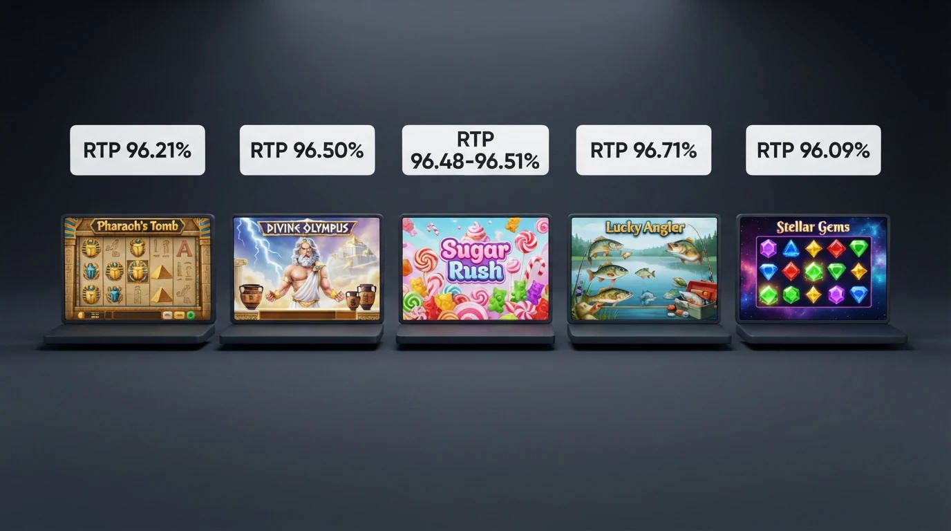 Fünf beliebte Online-Slot-Titel — Book of Dead, Gates of Olympus, Sweet Bonanza, Big Bass Bonanza und Starburst — mit ihren RTP-Prozentwerten als Einblendung