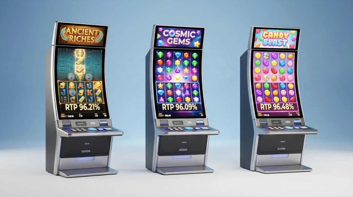 Drei nebeneinander angeordnete Slot-Bildschirme: Book of Dead mit ägyptischem Motiv, Starburst mit funkelnden Juwelen und Sweet Bonanza mit buntem Bonbon-Layout — jeweils mit einer RTP-Anzeige in der Ecke.