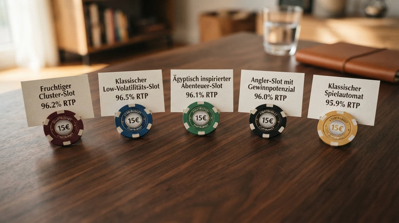 Fünf Spielautomaten-Kacheln (Sweet Bonanza, Starburst, Book of Dead, Big Bass Bonanza, Book of Ra) nebeneinander, jeweils mit RTP-Prozentangabe und Sterne-Bewertung für Volatilität