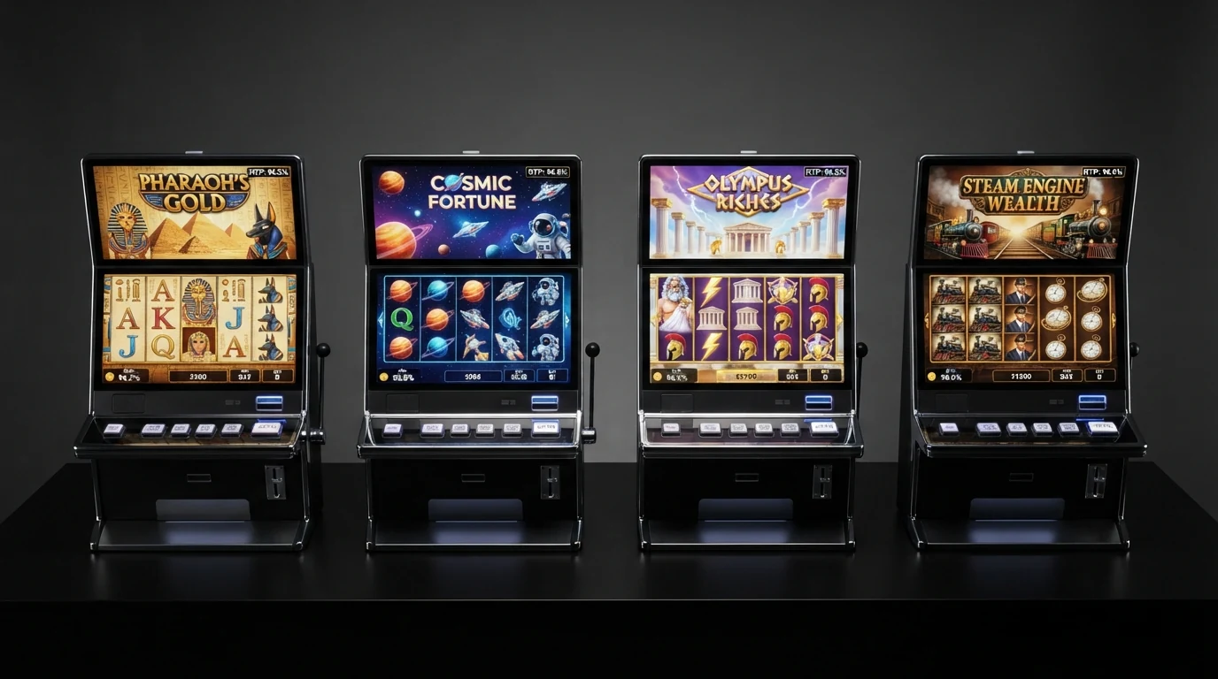 Vier Slot-Screenshots — Book of Dead, Starburst, Gates of Olympus und Money Train 3 — mit eingeblendeten RTP-Prozentwerten und Anbieterlogos