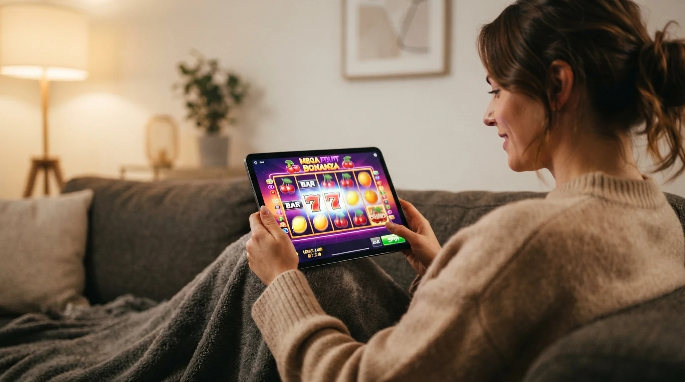 Die Walzen eines Online-Spielautomaten mit Gewinnsymbolen in einer Nahaufnahme, die das Spielgeschehen einfängt
