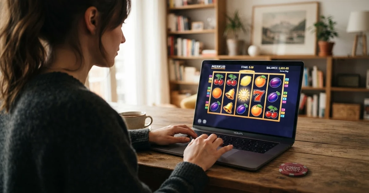 Merkur-Spielautomaten im Demo-Modus auf einem Laptop-Bildschirm — die Walzen eines Merkur-Slots mit Spielgeld-Anzeige und sichtbaren Walzensymbolen (Früchte, Glocken, Siebener)