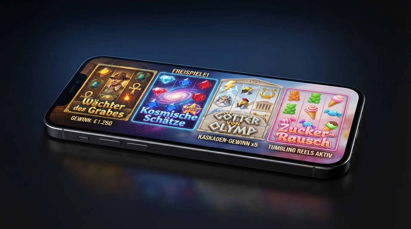 Vier beliebte Spielautomaten-Walzen — Book of Dead, Starburst, Gates of Olympus und Sweet Bonanza — auf einem Smartphone-Display im Querformat