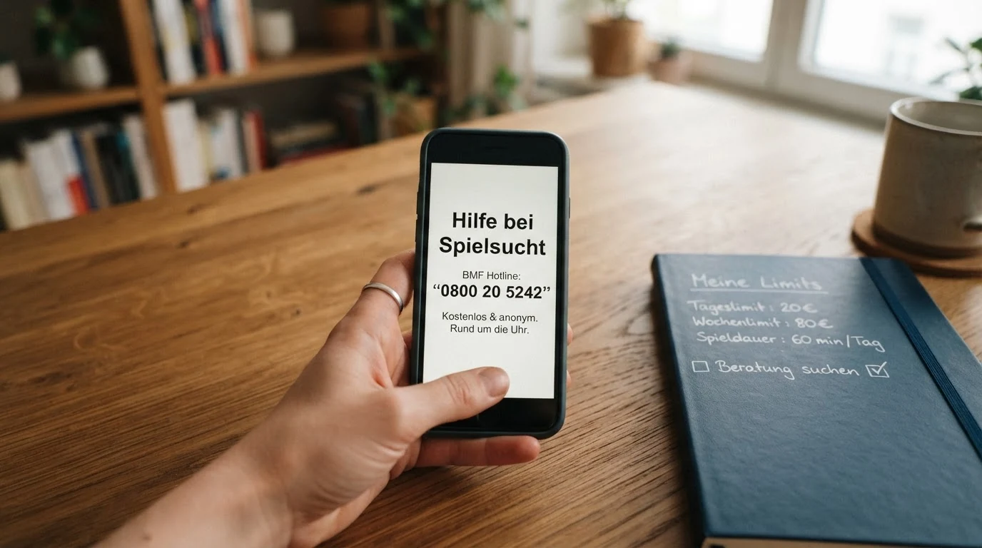 Symbolbild Spielerschutz: Telefonhörer mit eingeblendeter Notrufnummer 0800 20 5242 und Hinweis auf die kostenlose BMF-Spielsucht-Hotline
