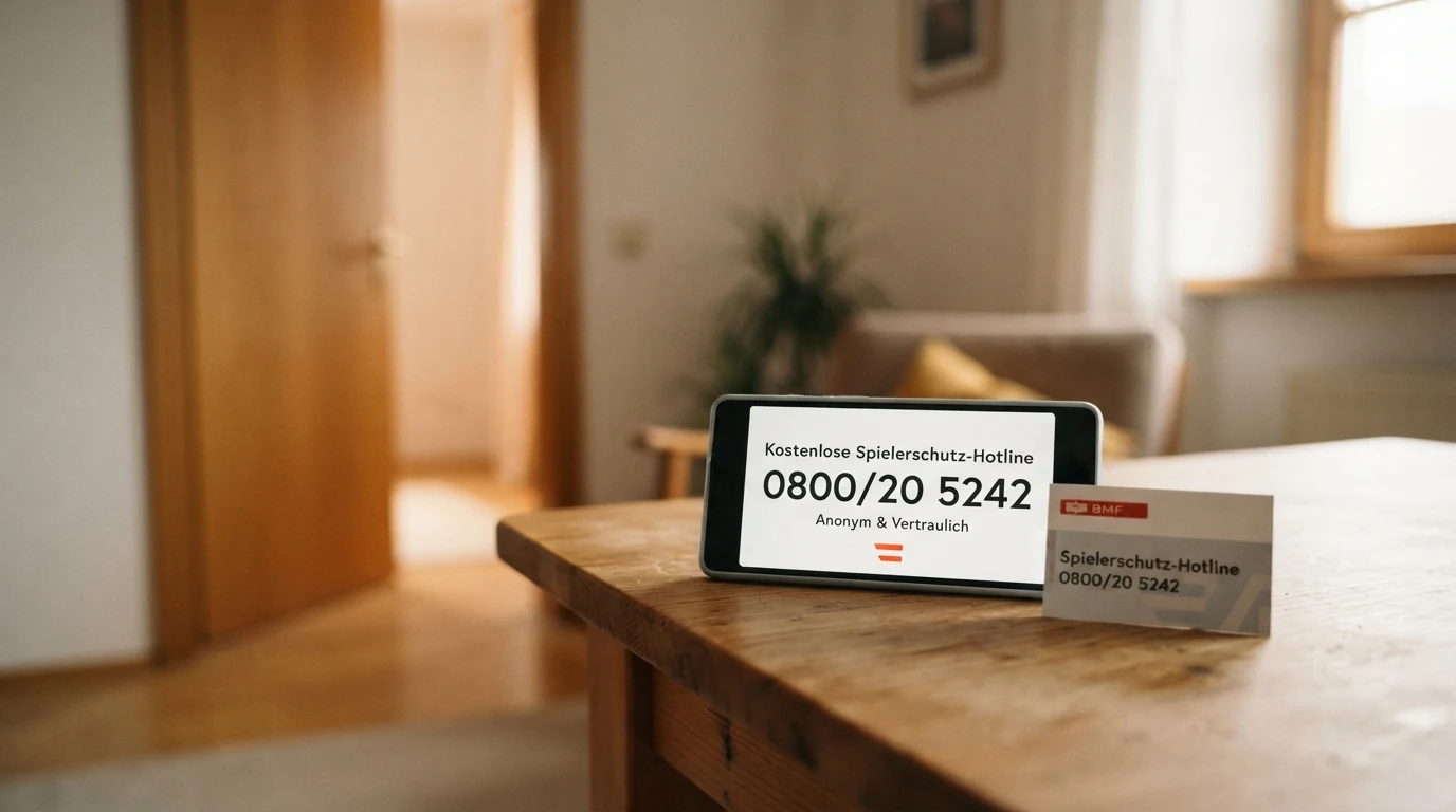 Ein Telefon auf einem Tisch neben einer Visitenkarte mit der Aufschrift „Spielerschutz-Hotline“ und einer angelehnten Zimmertür