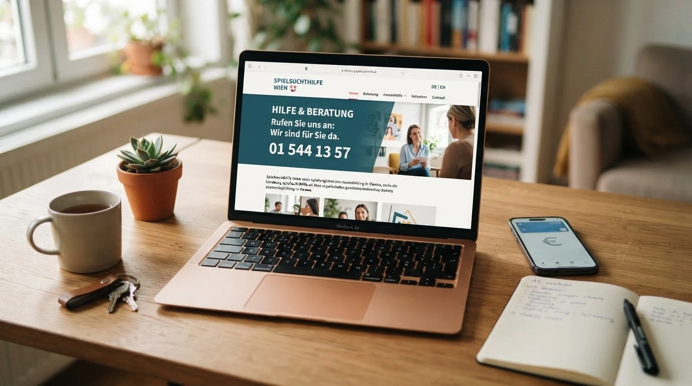 Geöffneter Laptop mit der Website der Spielsuchthilfe Wien, sichtbare Telefonnummer und das BMF-Logo