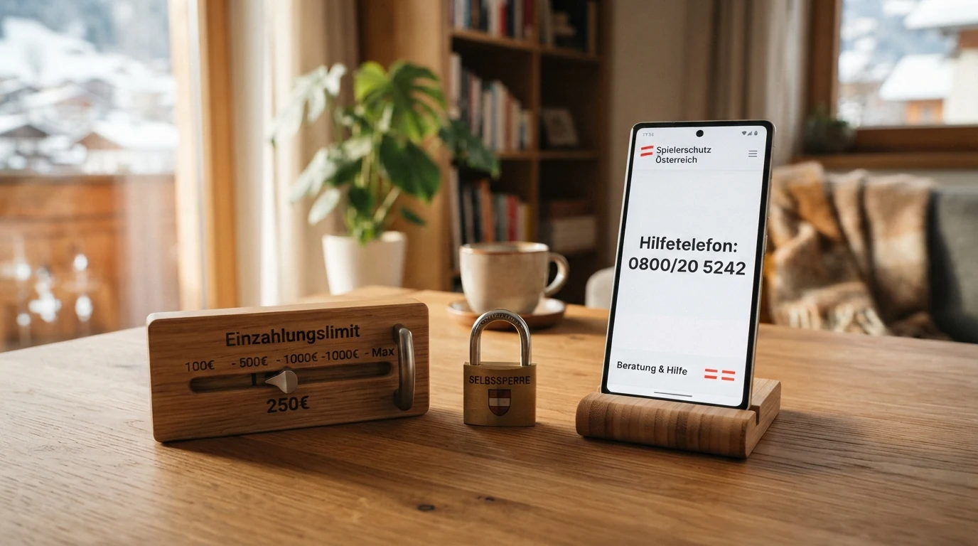 Drei Säulen: Einzahlungslimit-Regler, Selbstsperre-Schloss und rotes Telefon mit der Nummer 0800/20 5242
