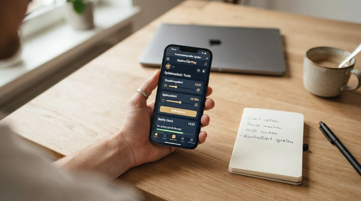 Übersicht der Spielerschutz-Instrumente für Autoplay-Nutzer: Symbole für Einzahlungslimit, Spielzeitlimit, Selbstsperre und Hilfetelefon mit Uhrzeit-Anzeige für Reality-Check