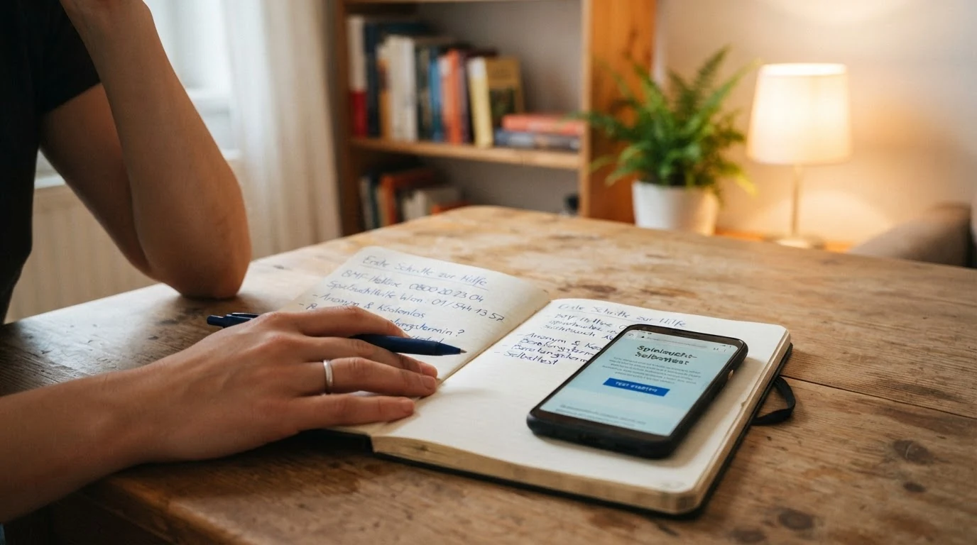 Eine aufgeschlagene Notizbuch-Seite mit handschriftlich notierten Telefonnummern der BMF-Hotline und Spielsuchthilfe Wien, daneben ein Smartphone mit geöffneter Selbsttest-Website — die konkreten Hilfsangebote, die Betroffene sofort nutzen können