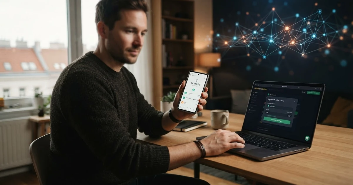 Eine Krypto-Wallet-App auf einem Smartphone-Bildschirm neben einem Casino-Interface mit USDT-Einzahlungsoption, im Hintergrund eine stilisierte Blockchain-Darstellung