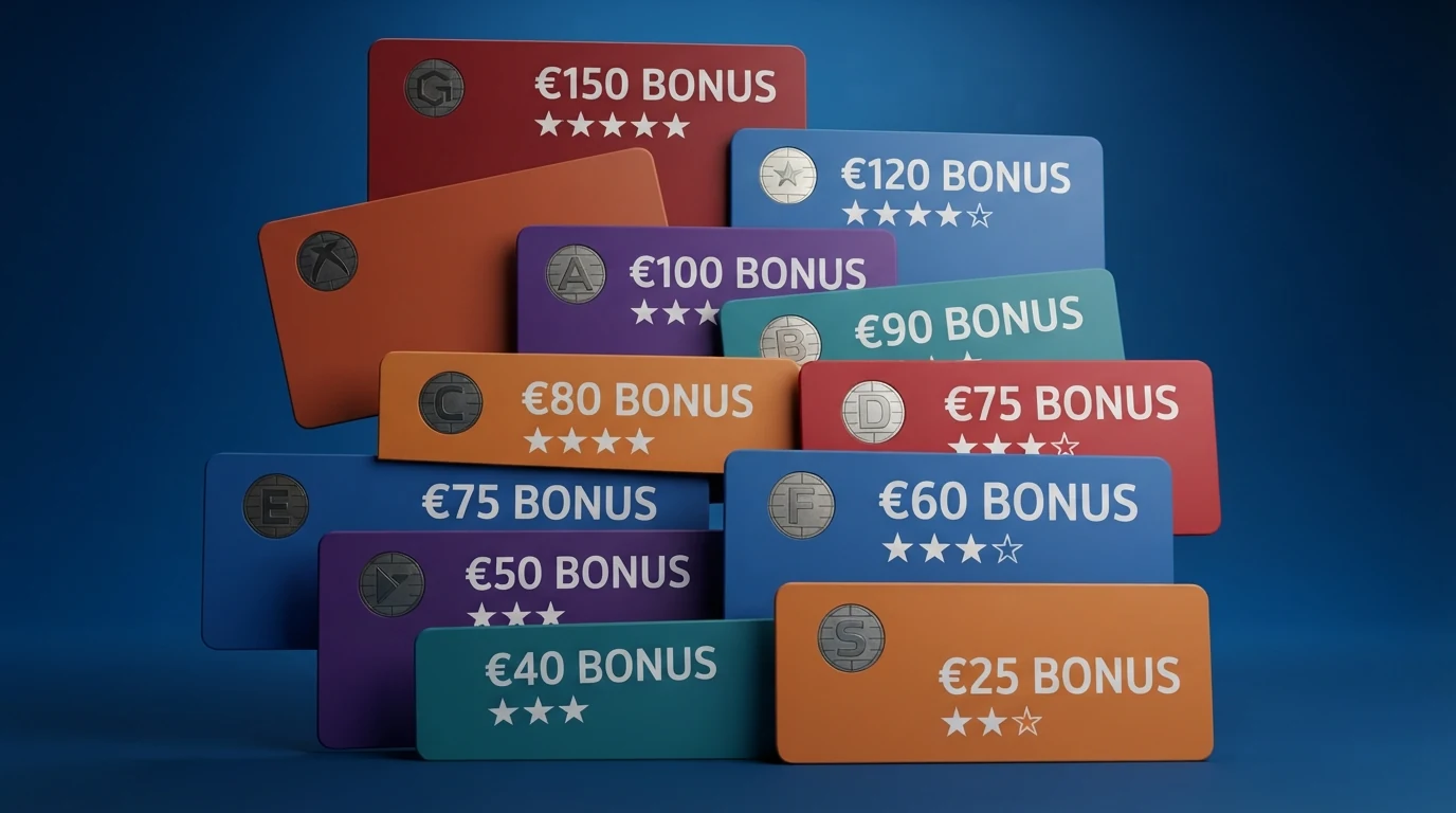 Zehn Krypto-Casino-Karten mit Namen, Bonus-Beträgen und Sterne-Bewertungen als visuelle Rangliste