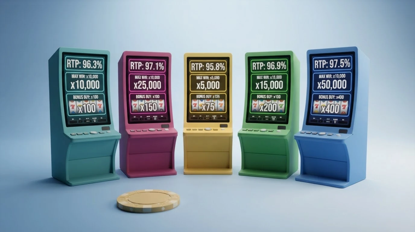 Eine grafische Übersicht der fünf vorgestellten Bonuskauf-Slots (Sweet Bonanza, Gates of Olympus, Dead or Alive 2, Mental, Money Train 3) mit ihren jeweiligen RTP-Werten