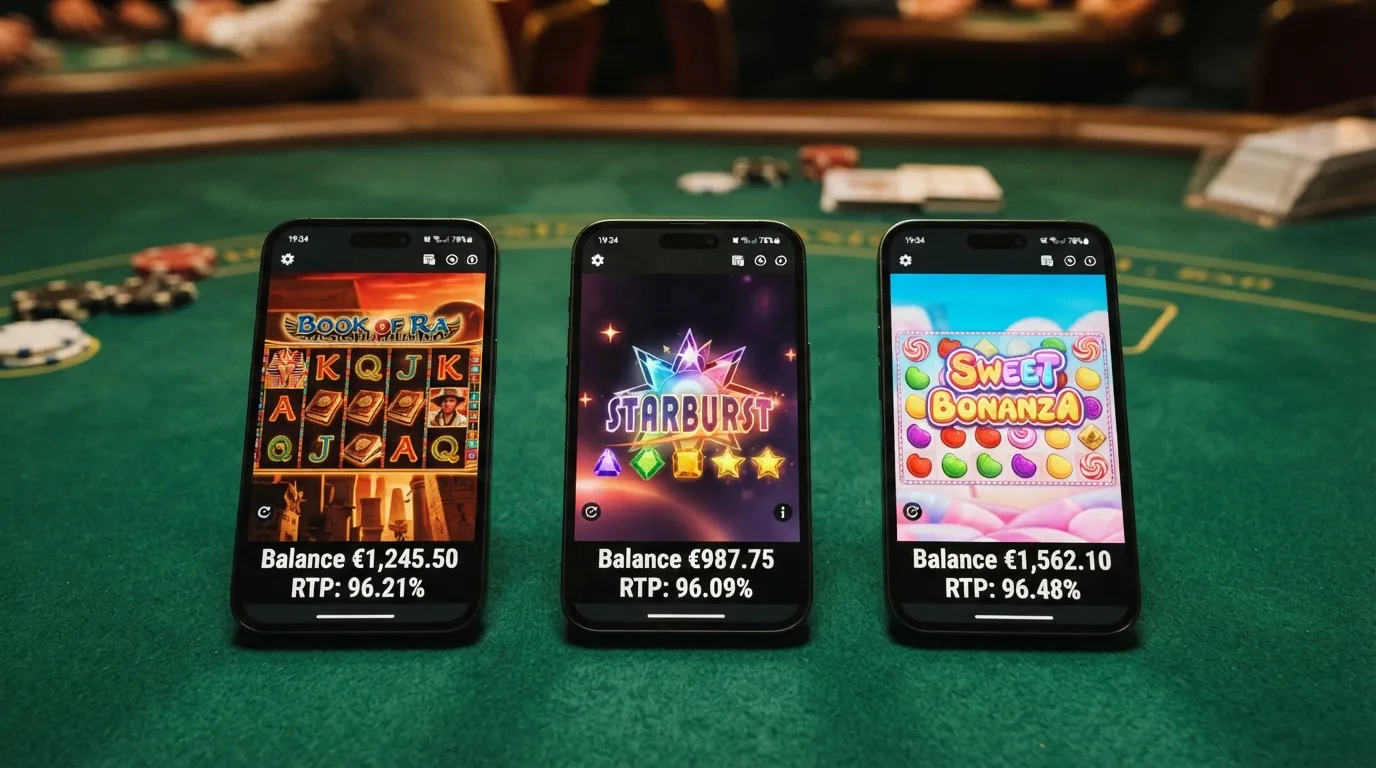 Drei Slot-Screenshots nebeneinander: Book of Dead mit dem typischen Grabkammer-Design, Starburst mit den leuchtenden Juwelen-Walzen und Sweet Bonanza mit den bunten Bonbon-Symbolen, unter jedem Screenshot die RTP-Prozentzahl